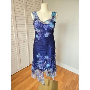 Komarov Blue Floral Crinkle Chiffon Asymmetrical Dress Sz LP Romantic Fairycore